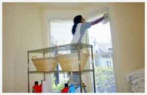 Woman cleaning window on stepladder.